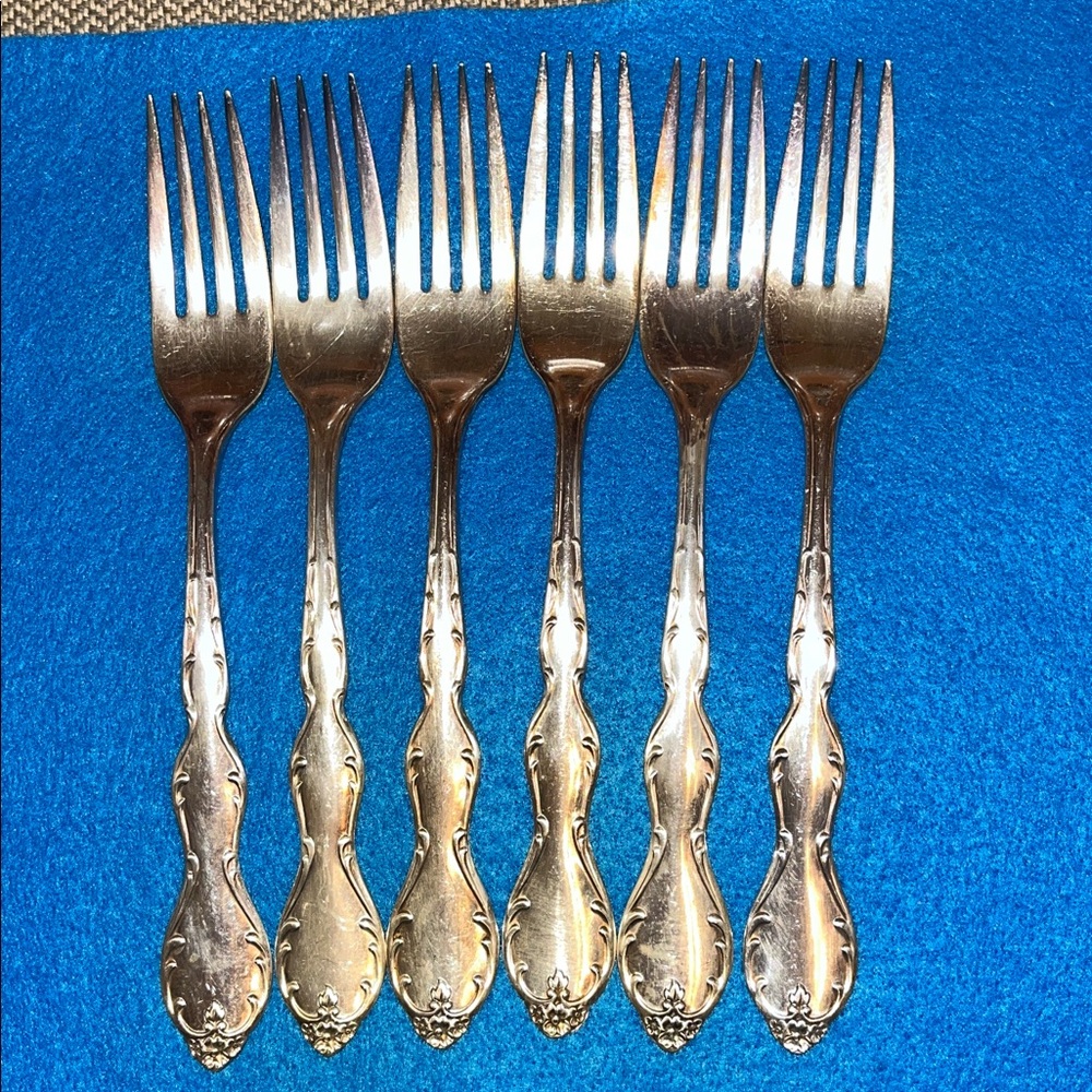 1964 VTG set of 6 dinner forks Wm Rogers Melody Camelot Silverplate Flatware GUC